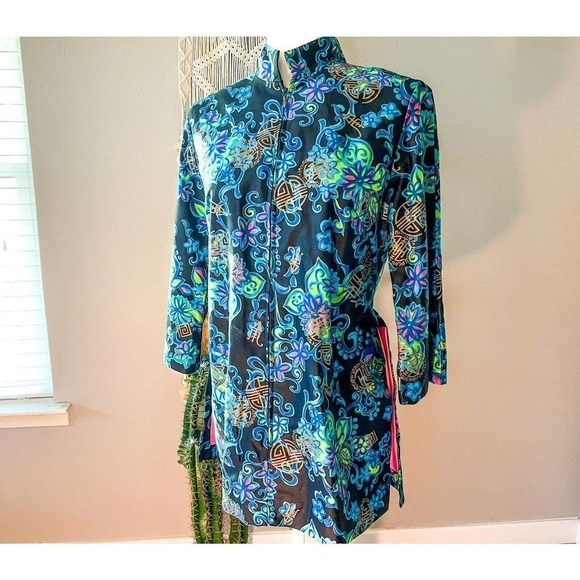 Alice Polynesian Womens Nehru Tiki Jacket Blue Floral Zip Up Mandarin Vintage M - Picture 1 of 12